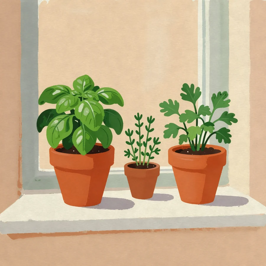 Pots of herbs on a windowsill