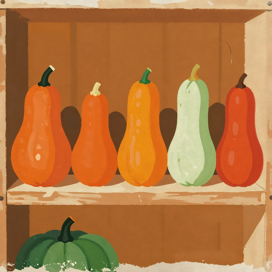 Winter squashes on a shed shelf