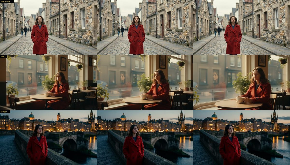 The reference, then two beats made from it: a cafe (dolly-in) and a bridge at dusk (orbit-left)